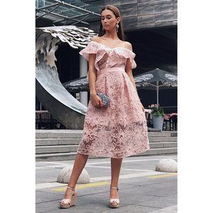 SELF-PORTRAIT New US 4 UK 8 Floral Mesh Lace Frill Midi Dress In Pink